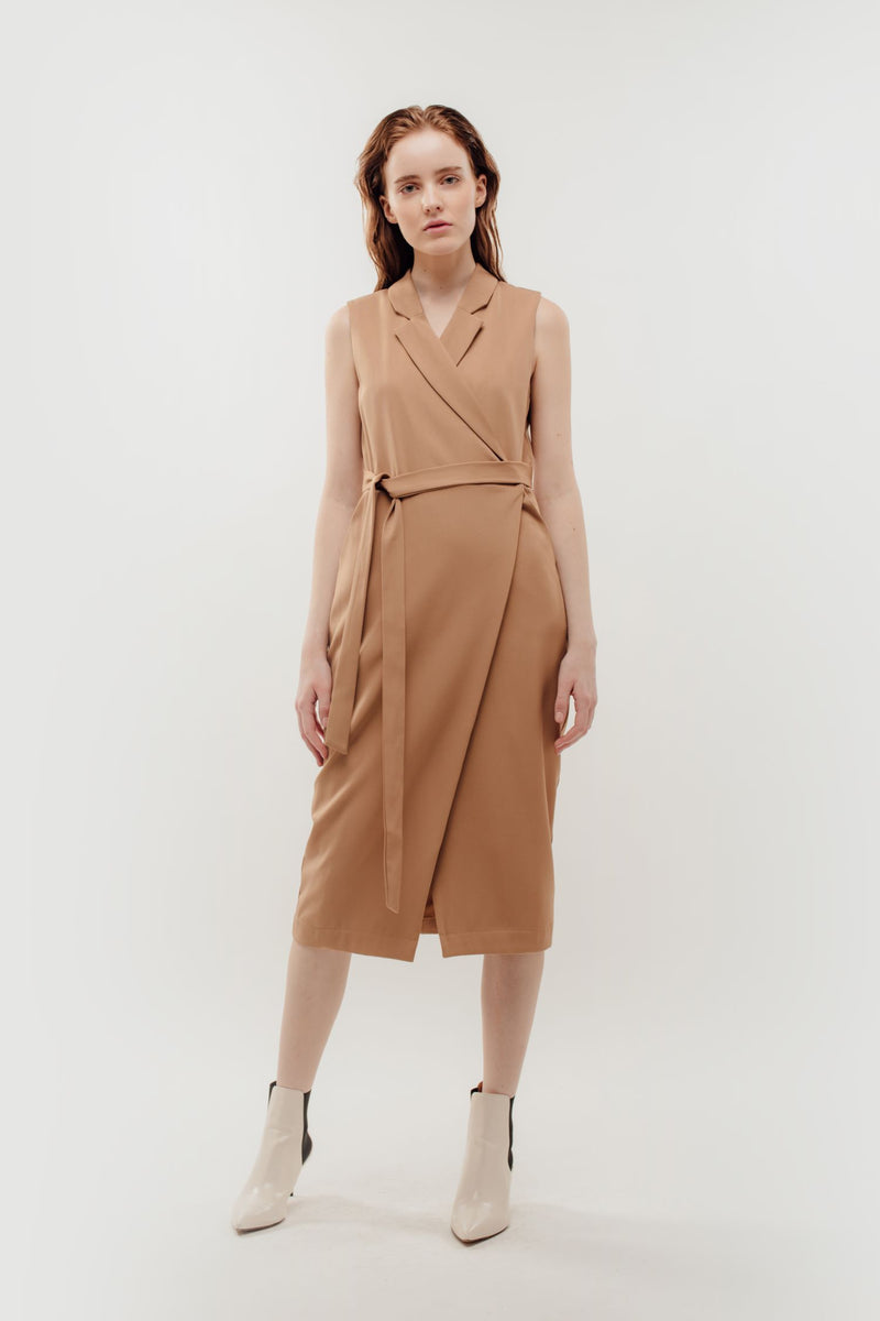 Sleeveless Midi Wrap Dress in Camel ...